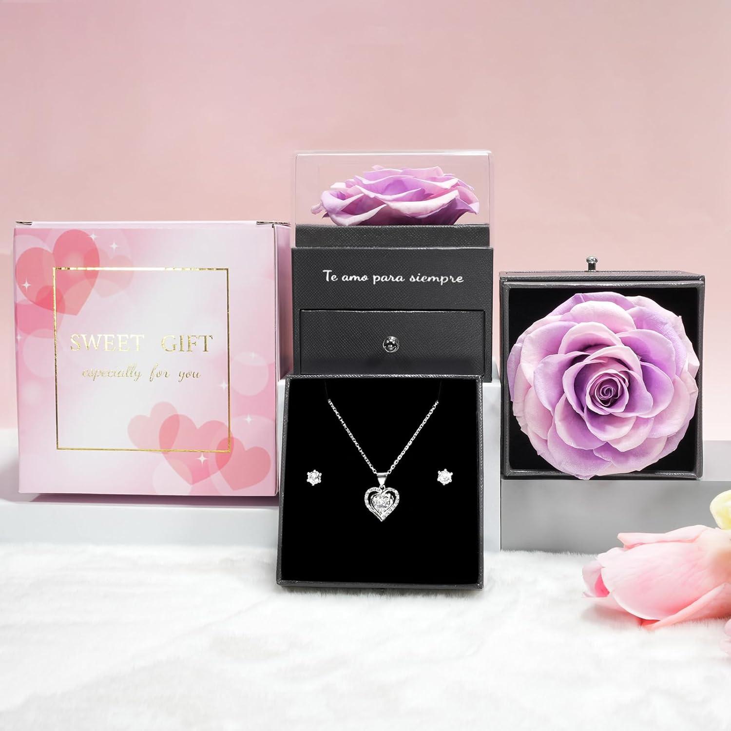 Ewige Rote Rose Konservierte Blumen Herz Halskette Set für Frauen - Geschenkbox für Weihnachten, Muttertag, Jubiläum