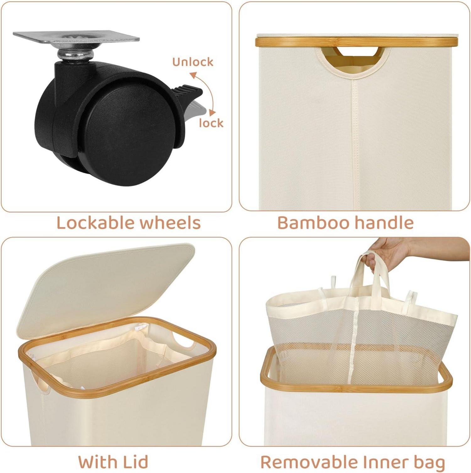 Wäschekorb 110L mit Deckel, Rollen und Bambusgriff