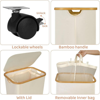 Wäschekorb 110L mit Deckel, Rollen und Bambusgriff