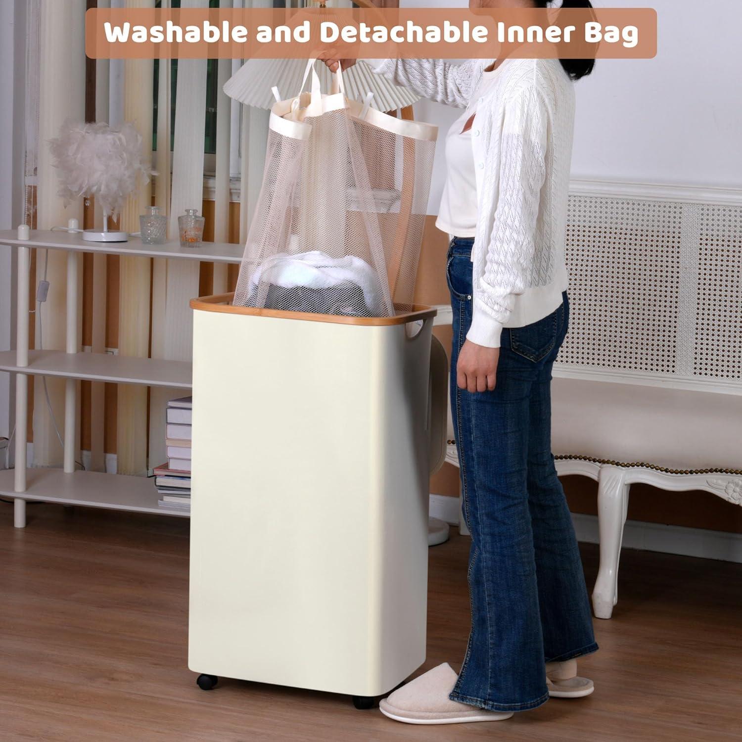 Wäschekorb 110L Beige mit Rollen, Deckel & Bambusgriffen