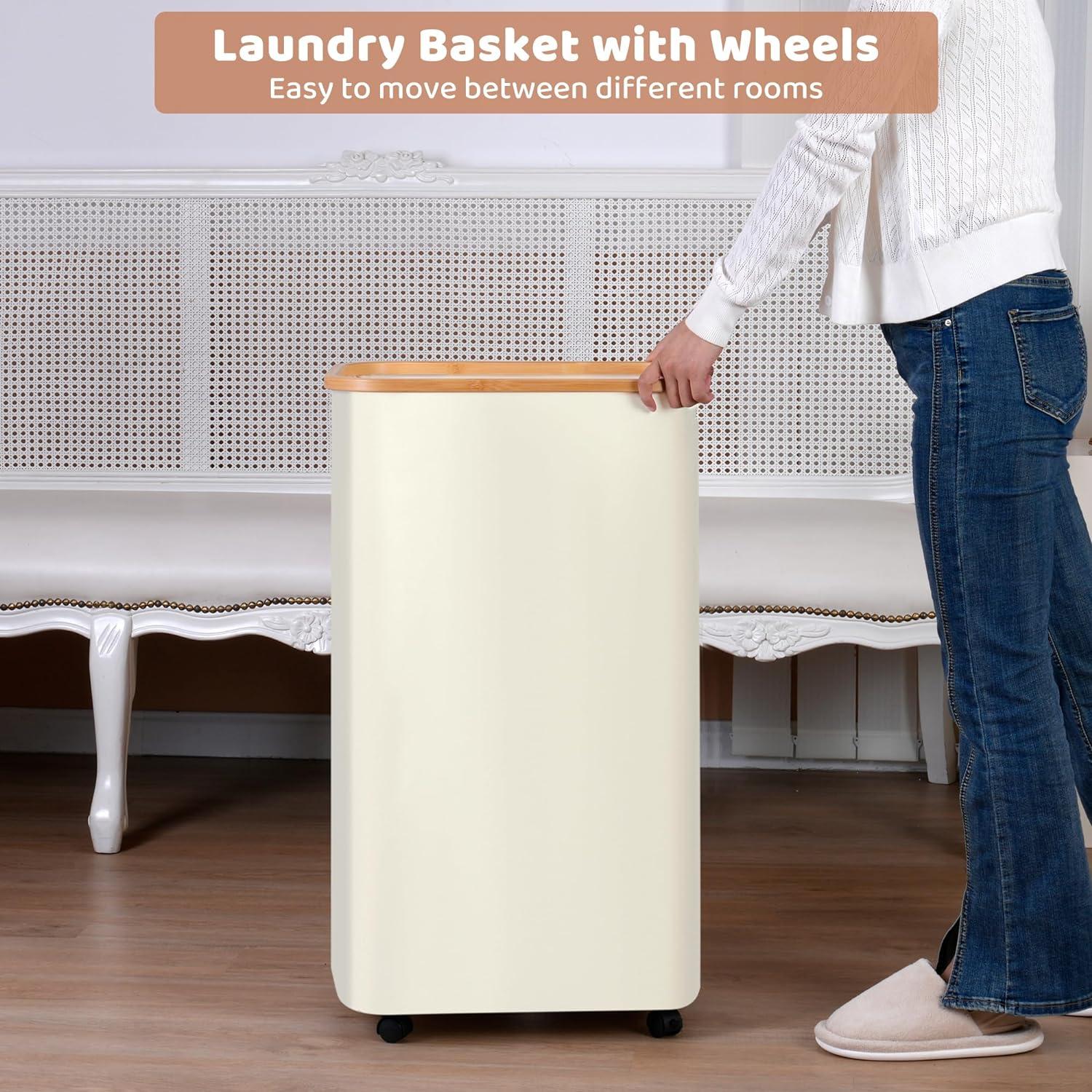 110L Wäschekorb mit Deckel und Rollen Bambusgriff beige
