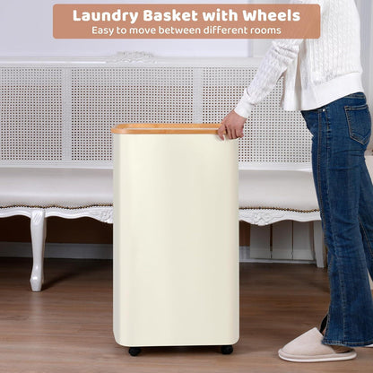 110L Wäschekorb mit Deckel und Rollen Bambusgriff beige