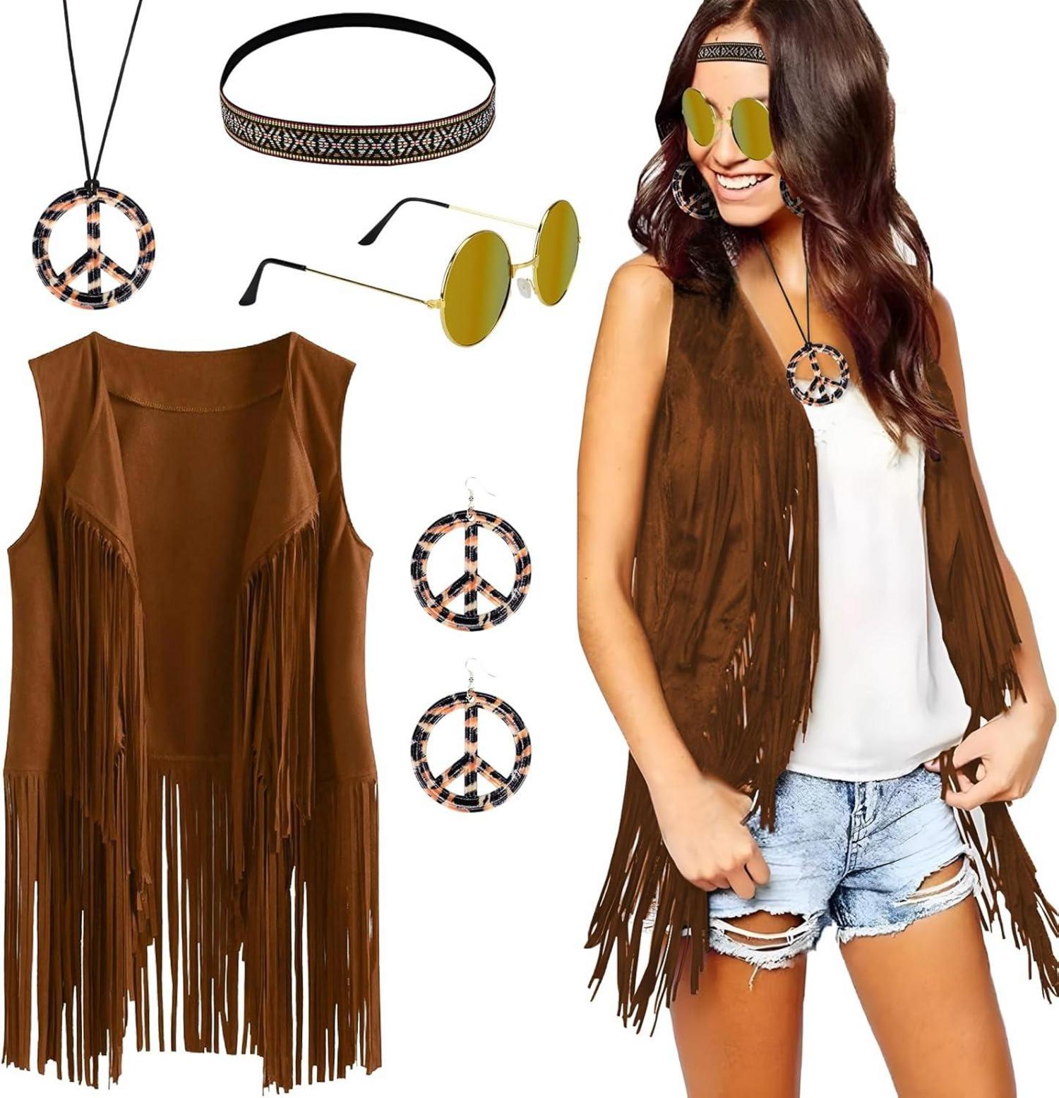 Hippie Kleidung Damen 70er Jahre Fransenweste Set