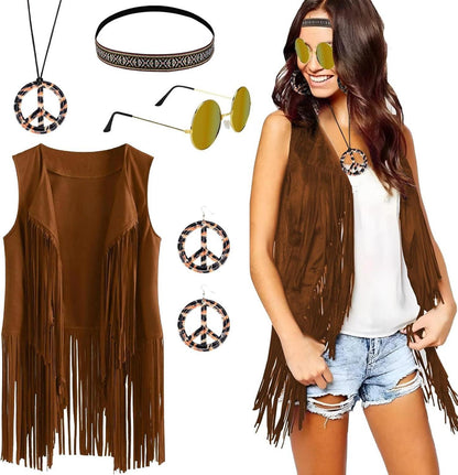 Hippie Kleidung Damen 70er Jahre Fransenweste Set