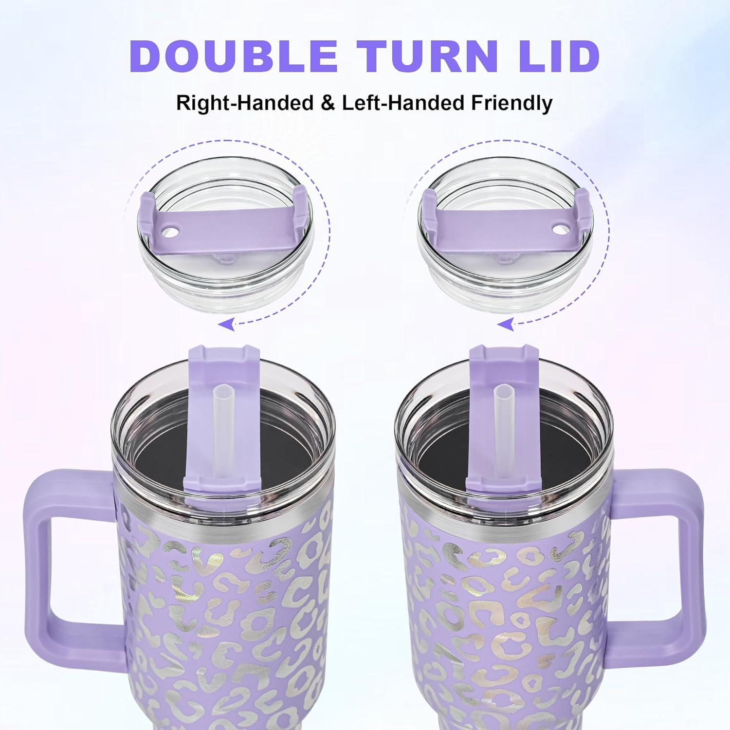 Isolierter Thermo-Trinkbecher mit Strohhalm und Henkel 1,2L - Lavendel-Leopard