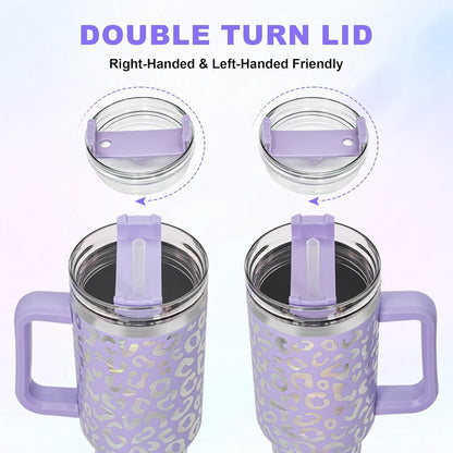 Isolierter Thermo-Trinkbecher mit Strohhalm und Henkel 1,2L - Lavendel-Leopard