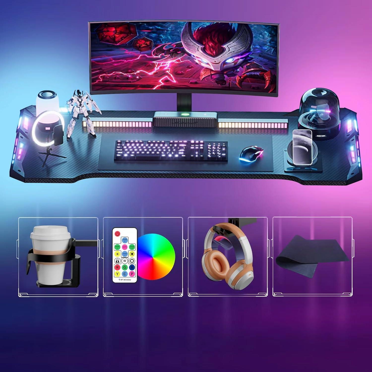 120X60cm Gaming Tisch LED Carbon Fiber RGB Computer Tisch 384 Farbmodus