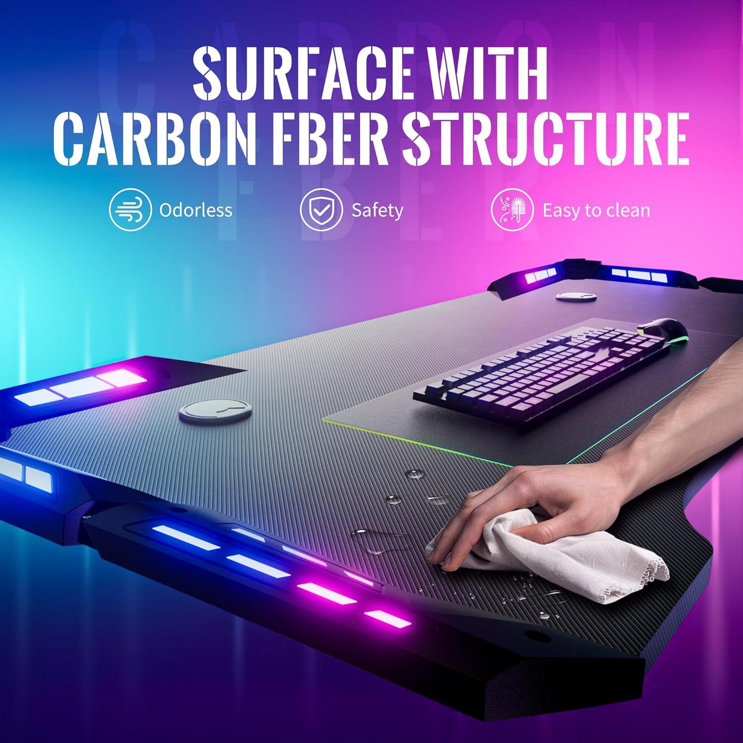 Gaming Tisch LED RGB Carbon Fiber 120x60cm Getränkehalter