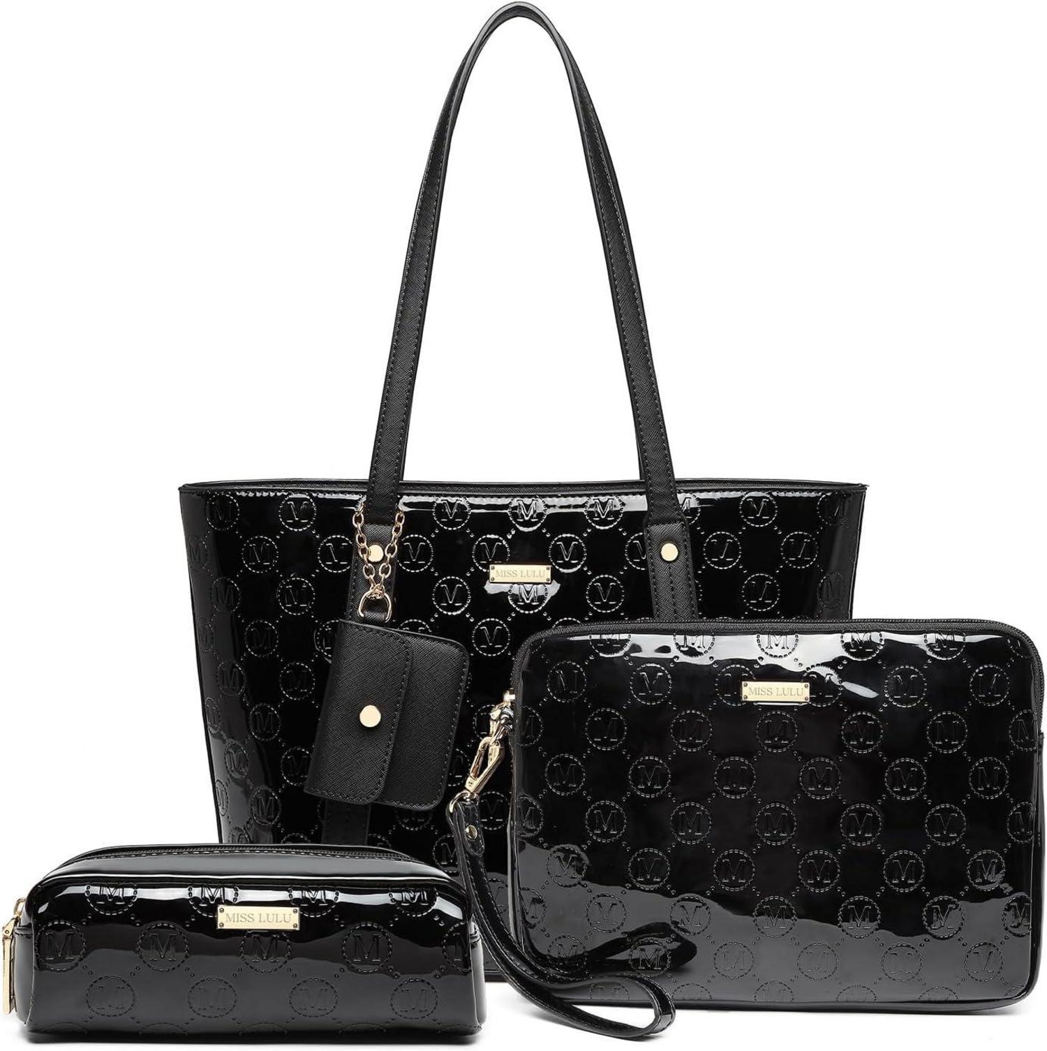 Miss Lulu Damen Handtasche Set PU-Leder Clutch Kosmetiktasche