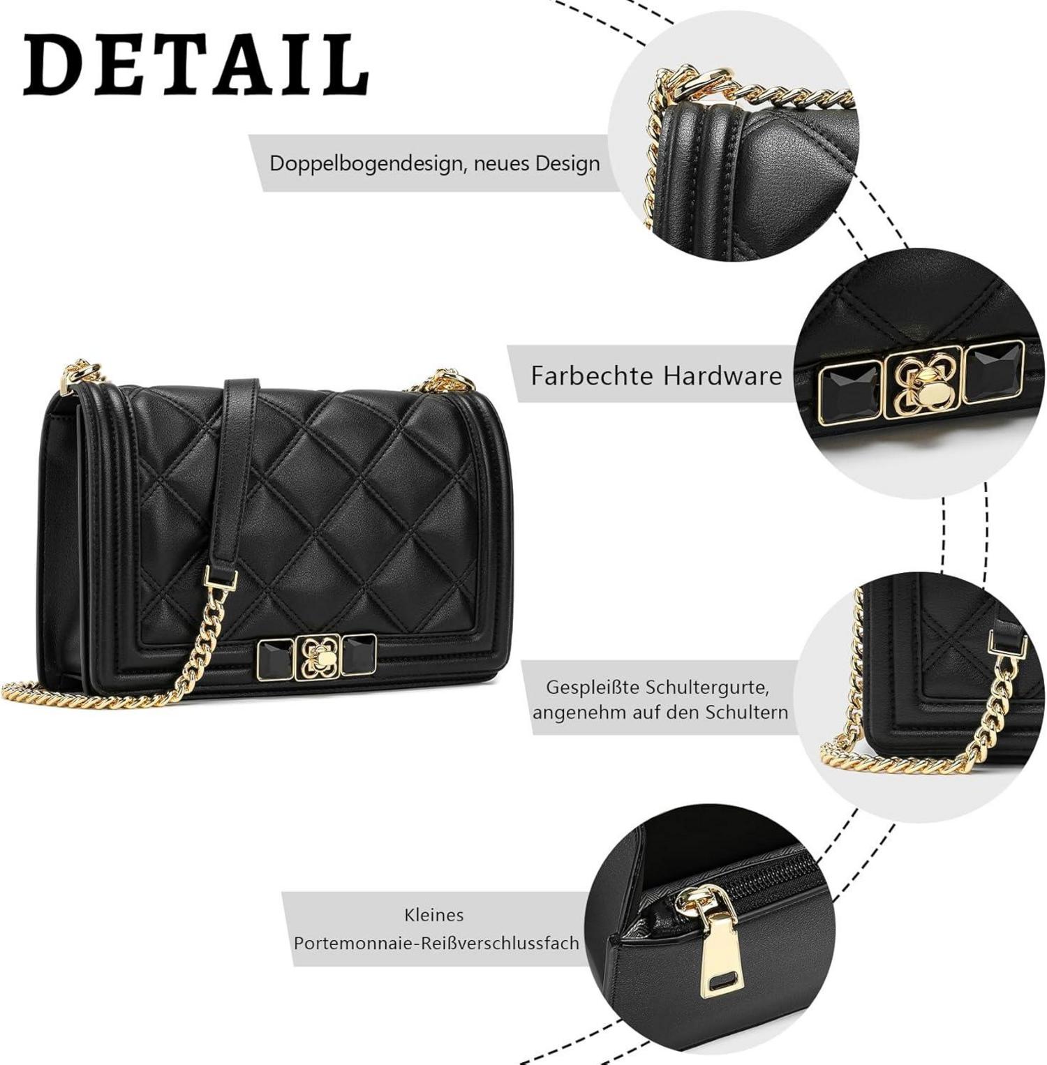 Damen Umhängetasche Crossbody Bag aus weichem Leder mit Metallkette Schwarz