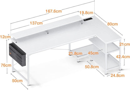 ODK Gaming Schreibtisch L Form Weiß 168x80cm mit USB-Ladeanschluss und Steckdose