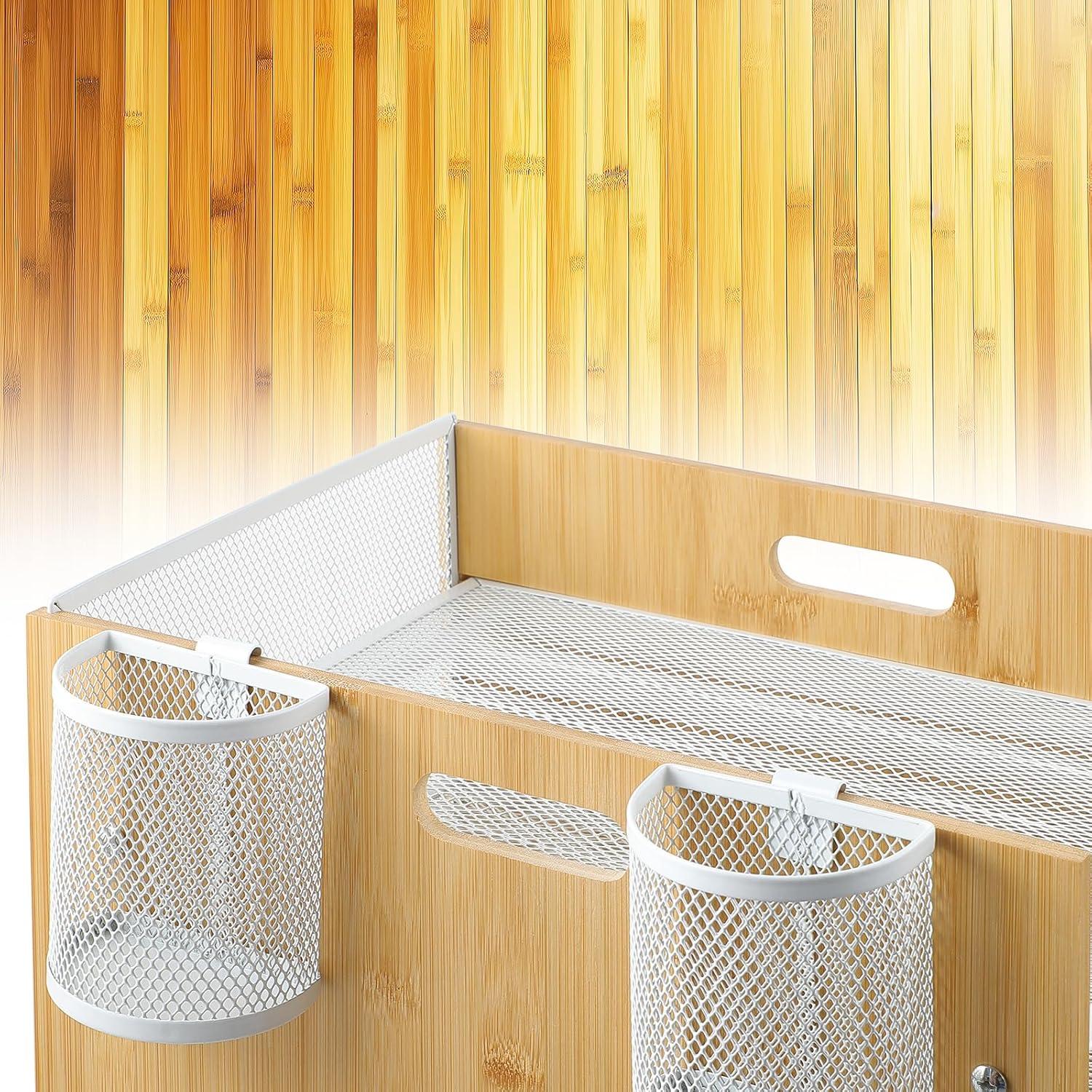 Bambus Briefablage Organizer mit Stifthalter, 4-Fach Schreibtisch Papierablage Mesh, Stapelbare Ablagefächer