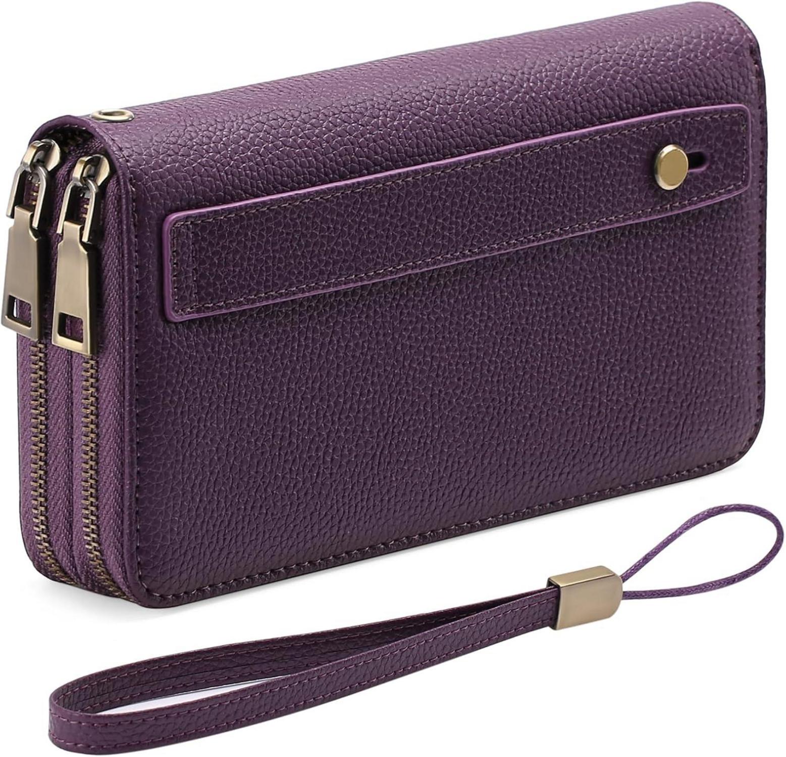 RFID Vegane Leder Geldbörse Damen Doppel Reißverschluss Clutch Purple