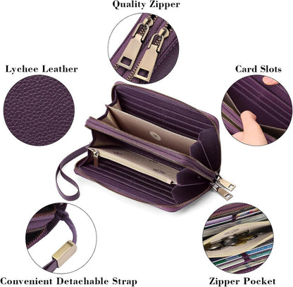 RFID Vegane Leder Geldbörse Damen Doppel Reißverschluss Clutch Purple