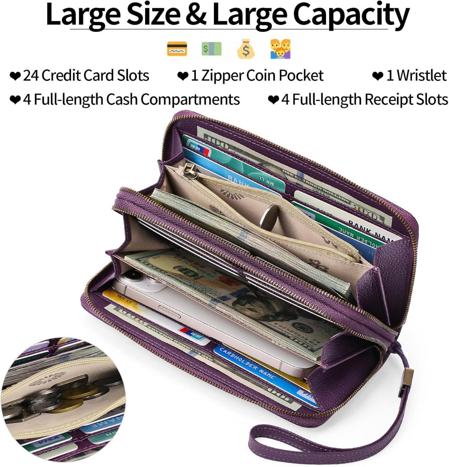 GAEKEAO Geldbörse Damen Groß RFID Schutz Veganes Leder Doppel-Reißverschluss Clutch, Viel Kartenfächer Wallet Purple