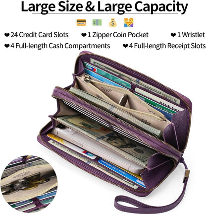 GAEKEAO Geldbörse Damen Groß RFID Schutz Veganes Leder Doppel-Reißverschluss Clutch, Viel Kartenfächer Wallet Purple