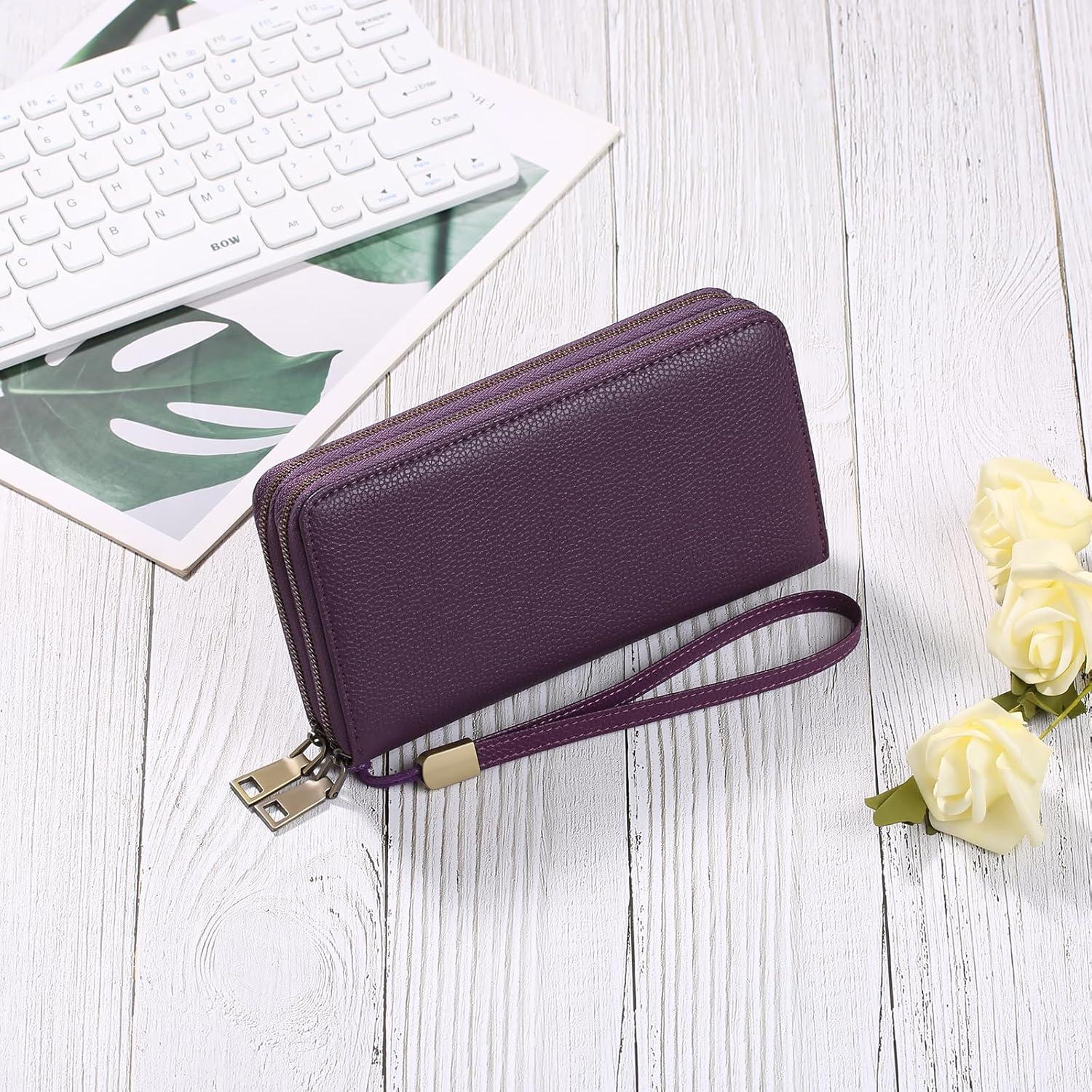 Damen Geldbörse RFID Veganes Leder Doppel Reißverschluss Clutch