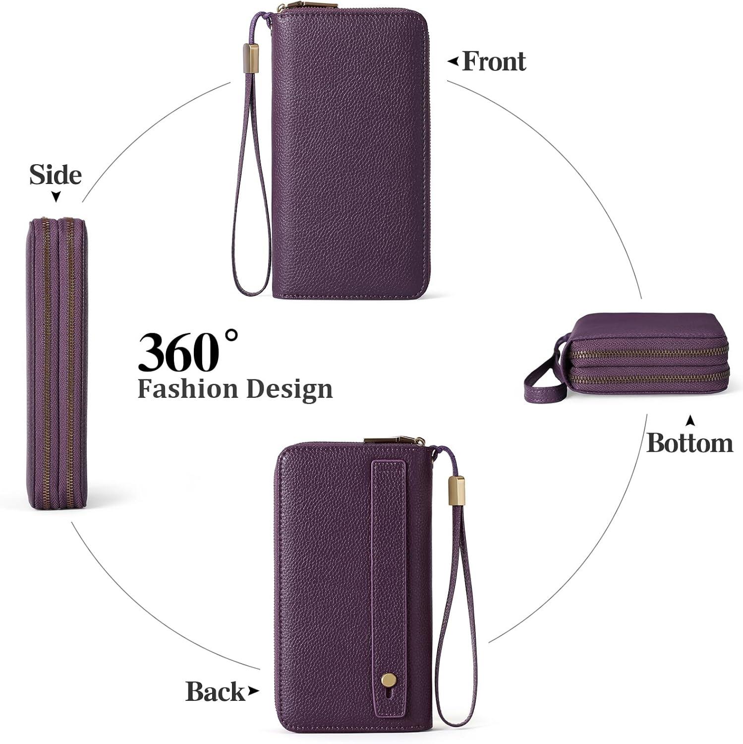 GAEKEAO Geldbörse Damen Groß RFID Schutz Veganes Leder Doppel-Reißverschluss Clutch, Viel Kartenfächer Wallet Purple