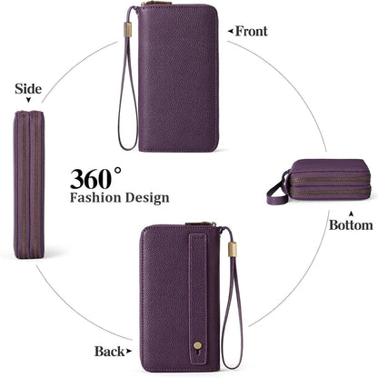 GAEKEAO Geldbörse Damen Groß RFID Schutz Veganes Leder Doppel-Reißverschluss Clutch, Viel Kartenfächer Wallet Purple