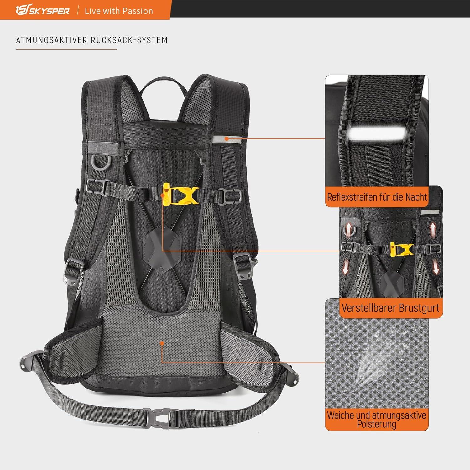 18L Wanderrucksack Outdoor Trekking Tagesrucksack mit Rückenbelüftung Hüftgurt Schwarz