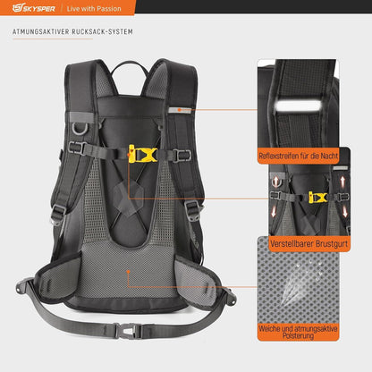 18L Wanderrucksack Outdoor Trekking Tagesrucksack mit Rückenbelüftung Hüftgurt Schwarz