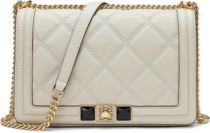 Schultertasche Damen Echtes Leder Verstellbare Metallkette Beige
