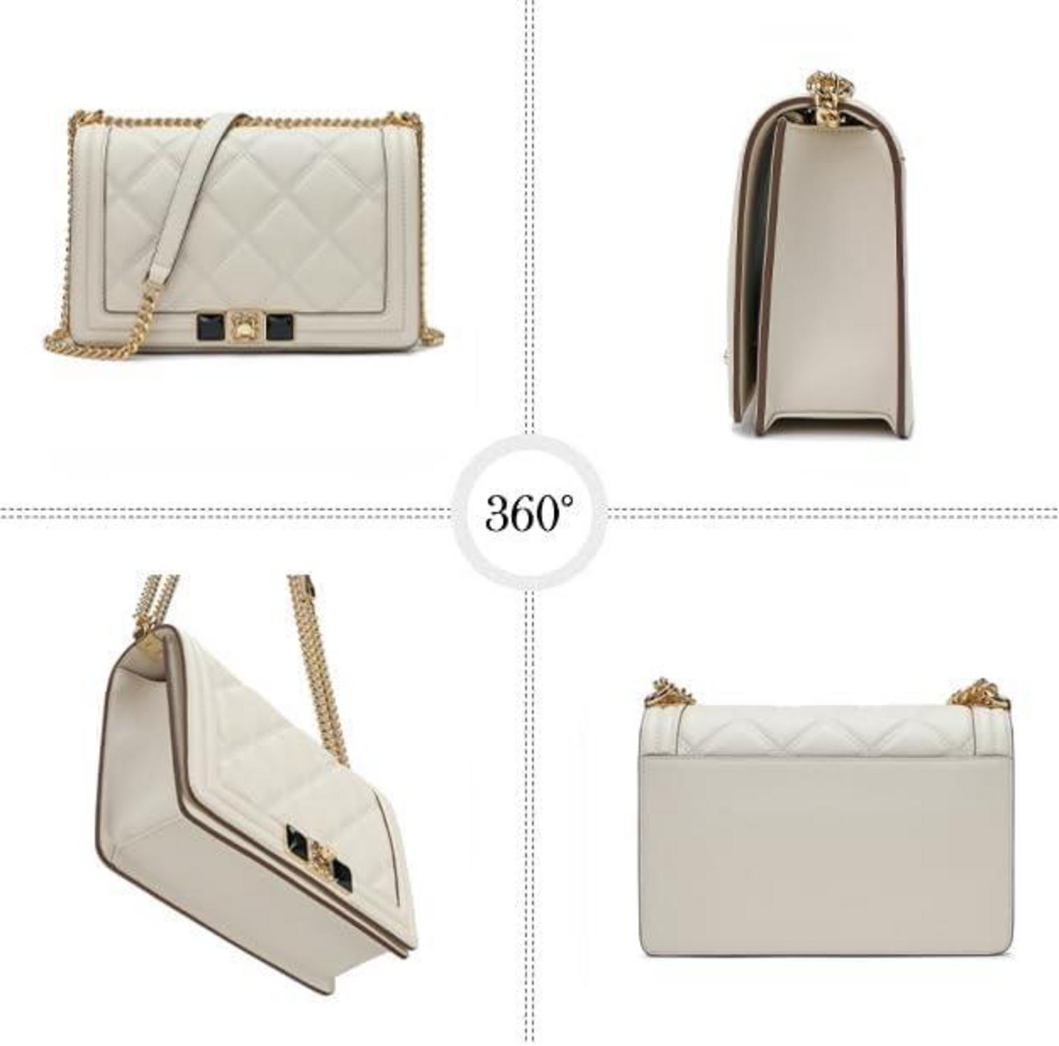 Schultertasche Damen Echtes Leder Verstellbare Metallkette Beige