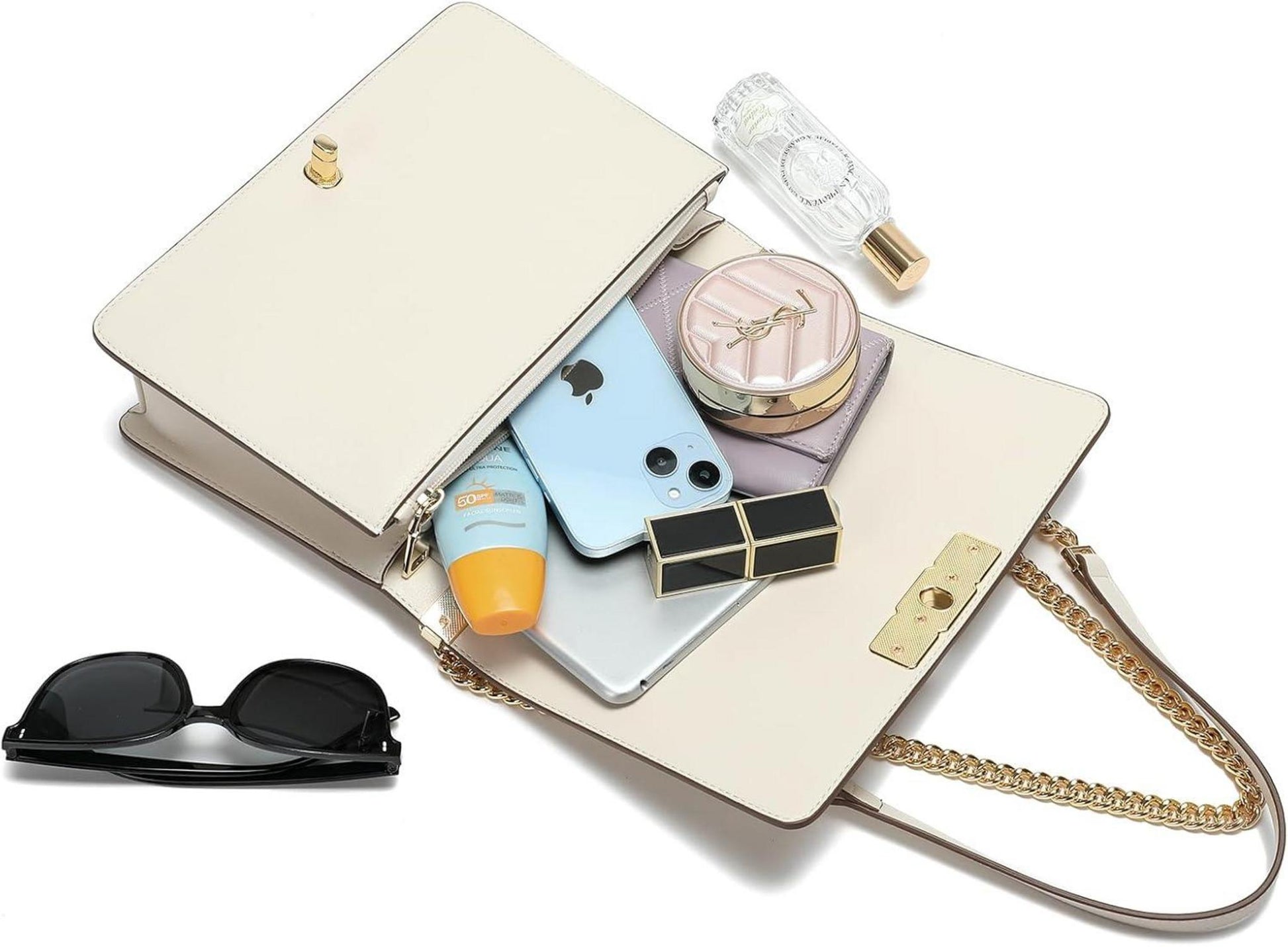 Damen Umhängetasche Beige Leder Crossbody Verstellbarer Gurt