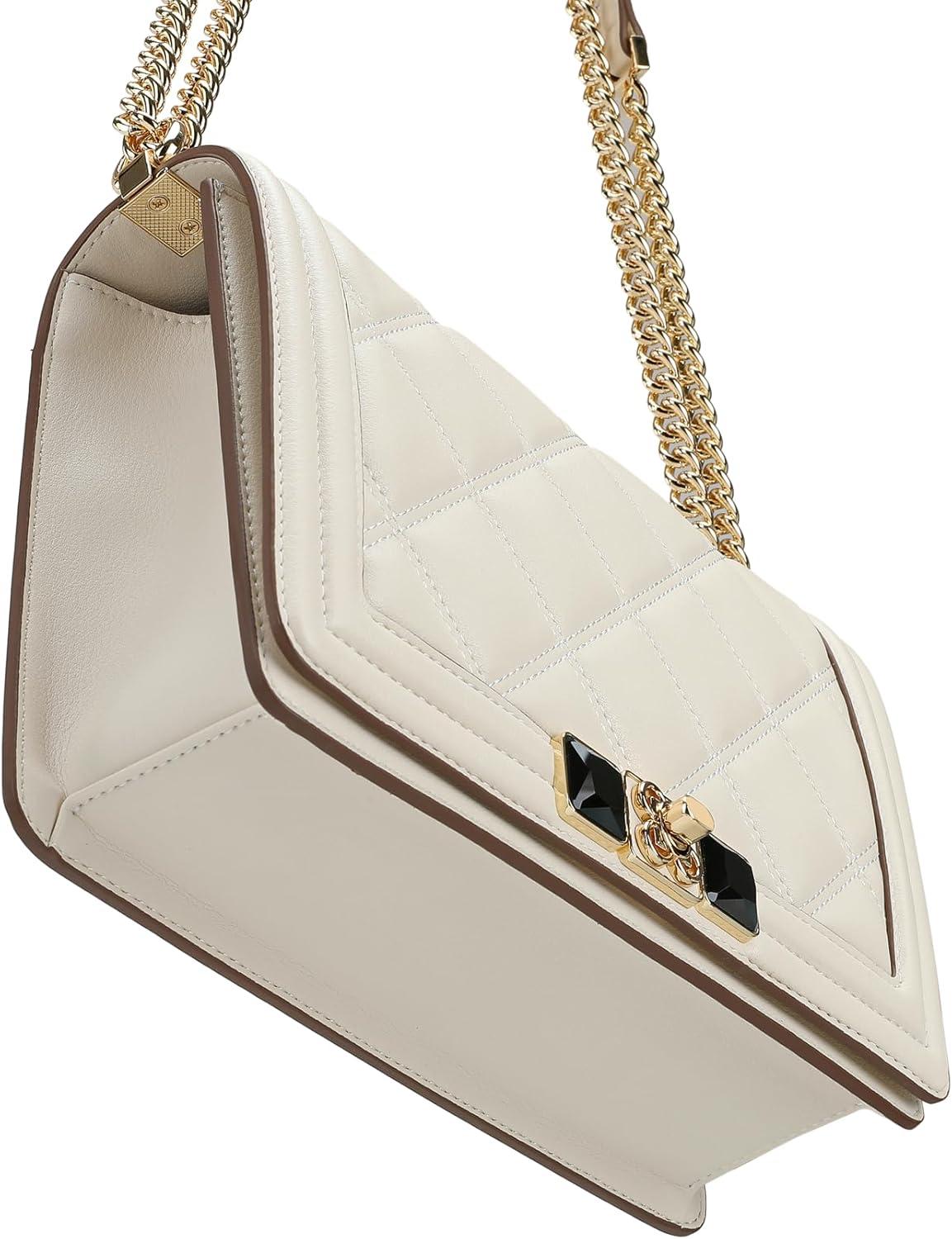 Umhängetasche Damen Crossbody Bag Leder Beige Goldene Metallkette