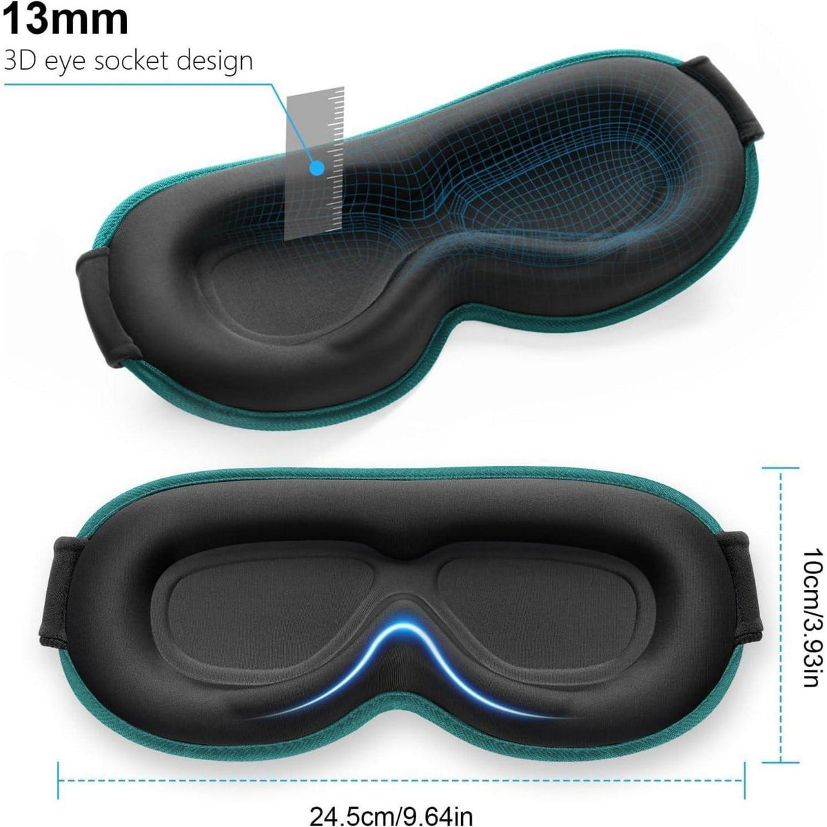 3D Schlafmaske für Seitenschläfer, Dunkles Cyan, 2 Paar Ohrstöpsel