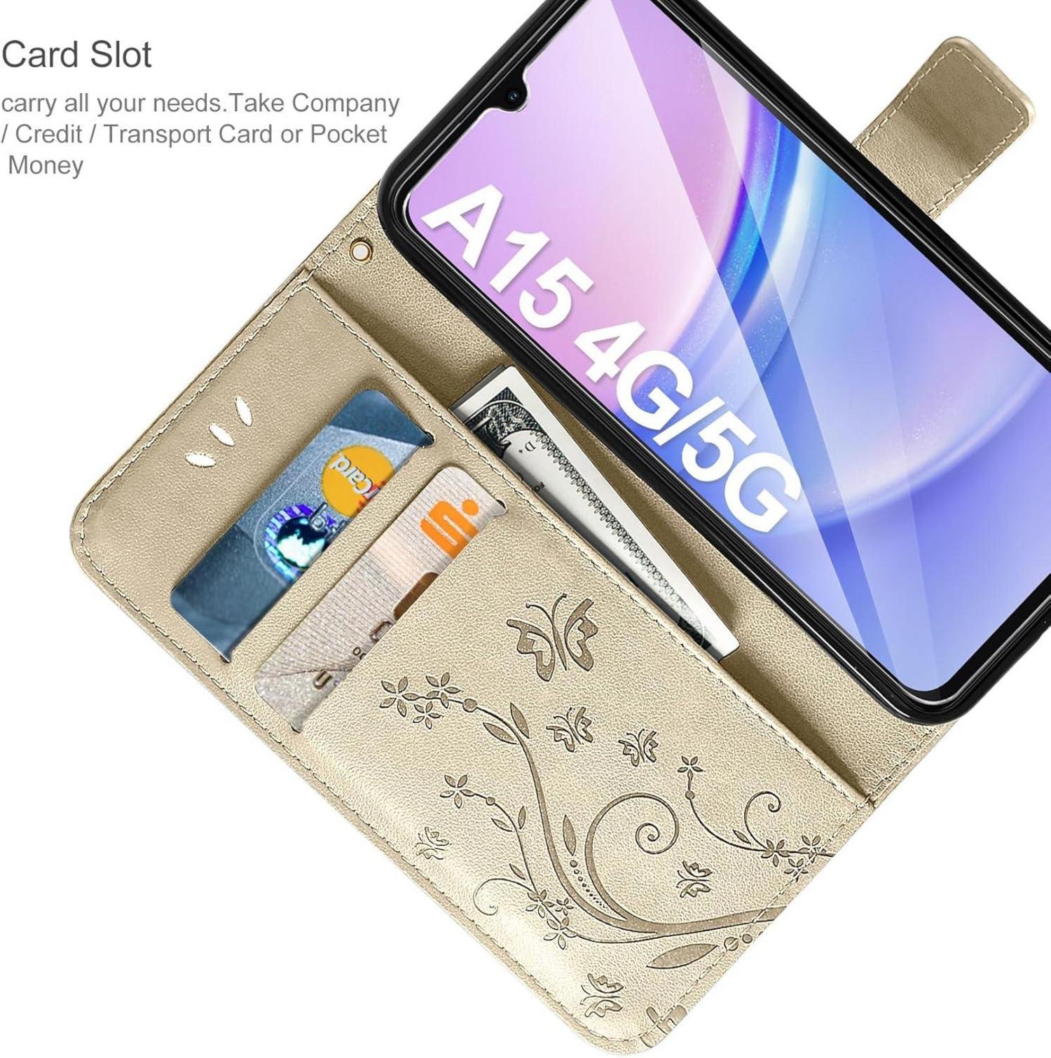Samsung Galaxy A15 5G/4G Leder Wallet Hülle Schutzfolie Gold