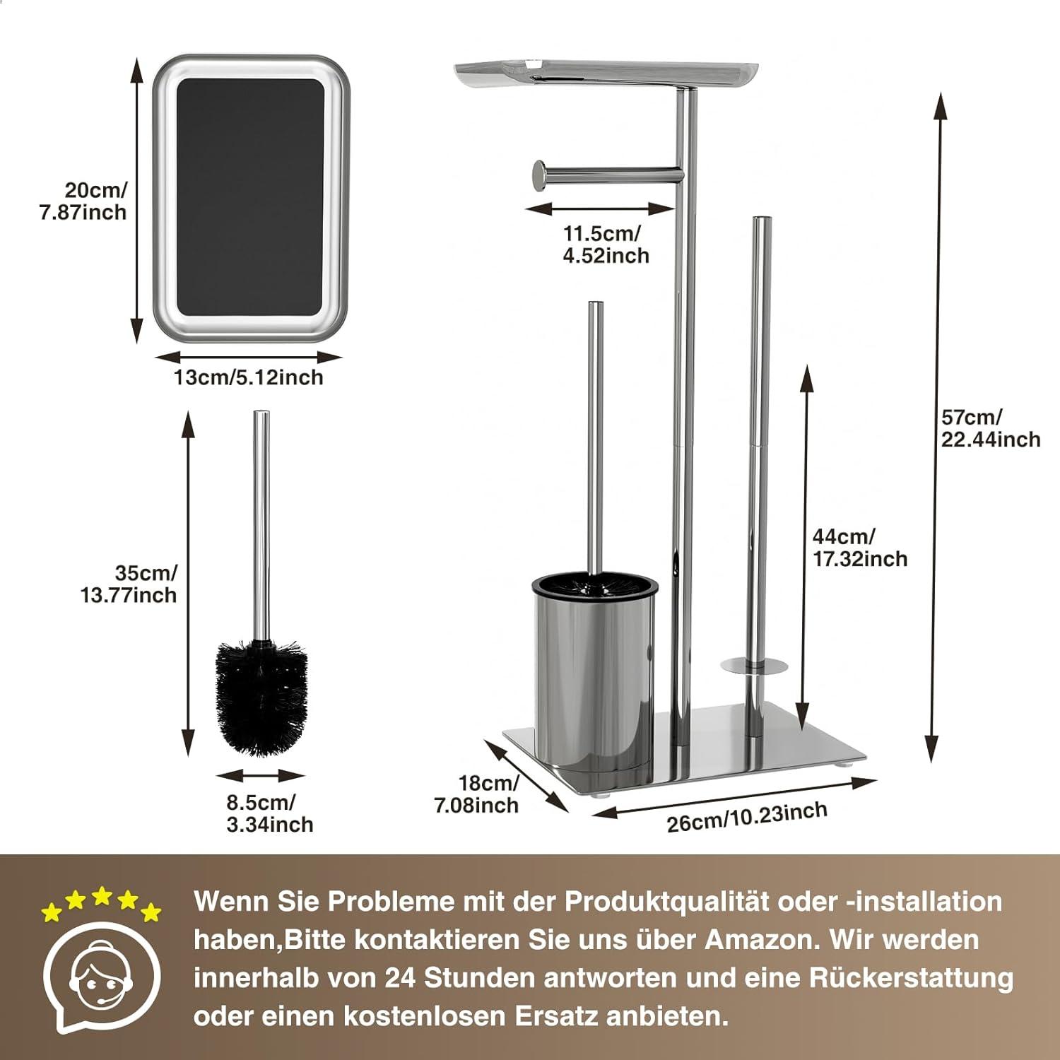 Toilettenpapierhalter Stehend Silber mit Bürste und Ablage