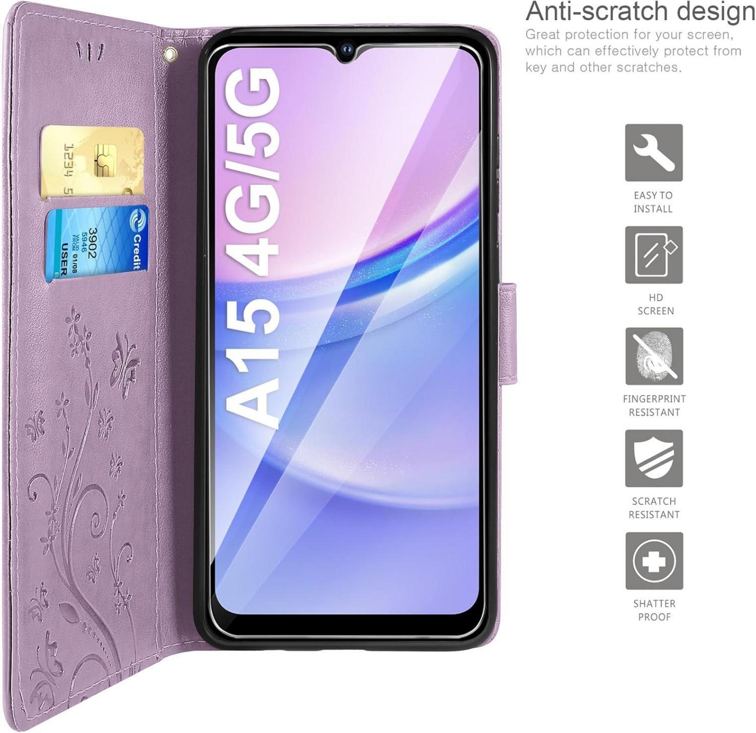 Lila PU Lederhülle Samsung Galaxy A15 5G/4G Flip Wallet Cover