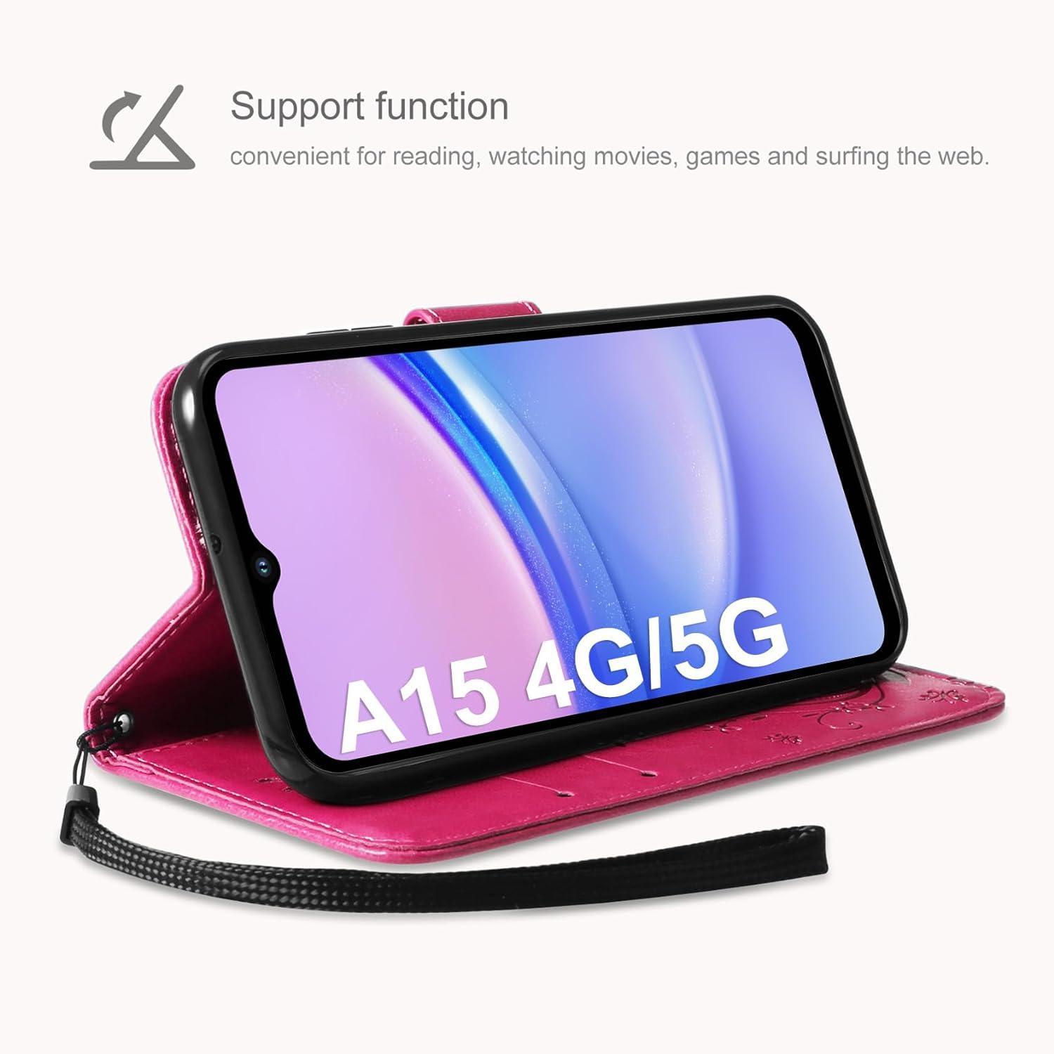 Lederhülle für Samsung Galaxy A15 5G/4G mit Wallet und Schutzfolie, Rosenrot