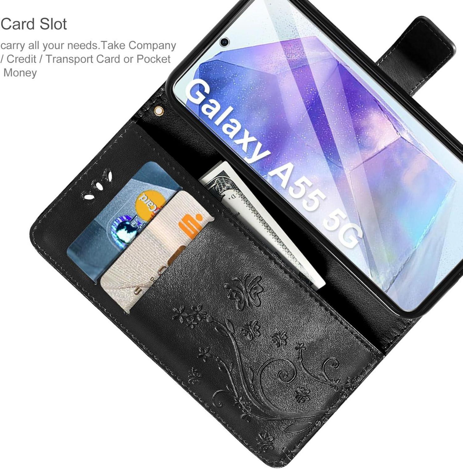Samsung Galaxy A55 5G Leder Wallet Hülle Schutzfolie Schwarz