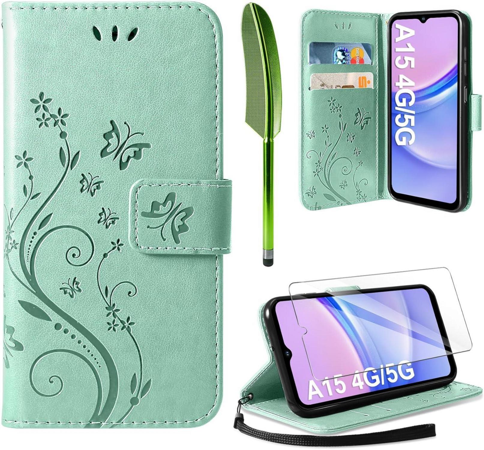 A15 5G/4G Wallet Hülle Minzgrün Schmetterling Blumen PU-Leder