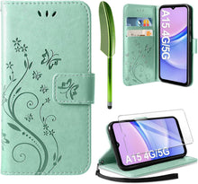 A15 5G/4G Wallet Hülle Minzgrün Schmetterling Blumen PU-Leder