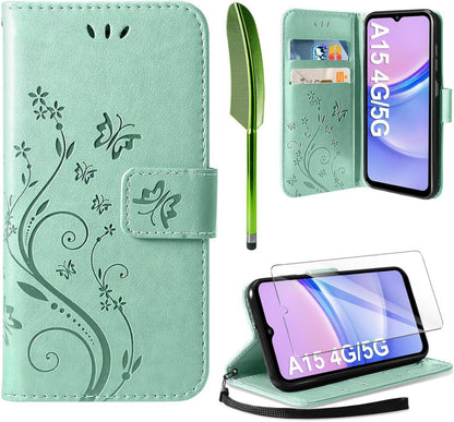 A15 5G/4G Wallet Hülle Minzgrün Schmetterling Blumen PU-Leder