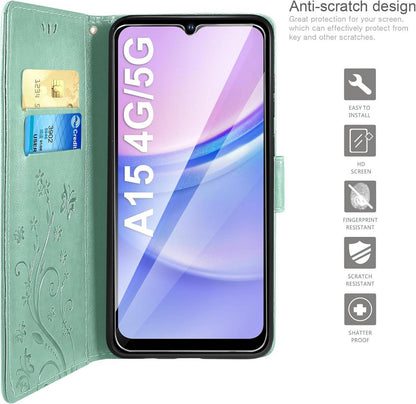 A15 5G/4G Wallet Hülle Minzgrün Schmetterling Blumen PU-Leder