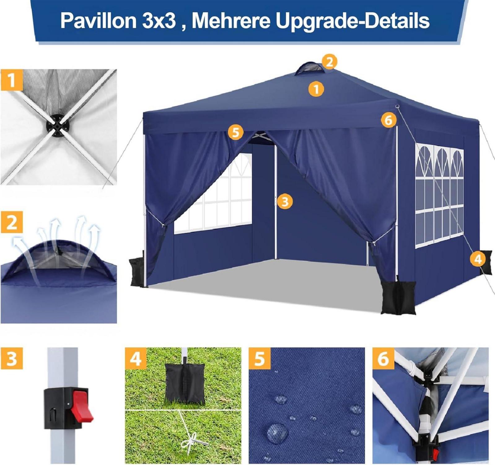 Pavillon 3x3 Faltpavillon Wasserdicht Stabil Winterfest mit