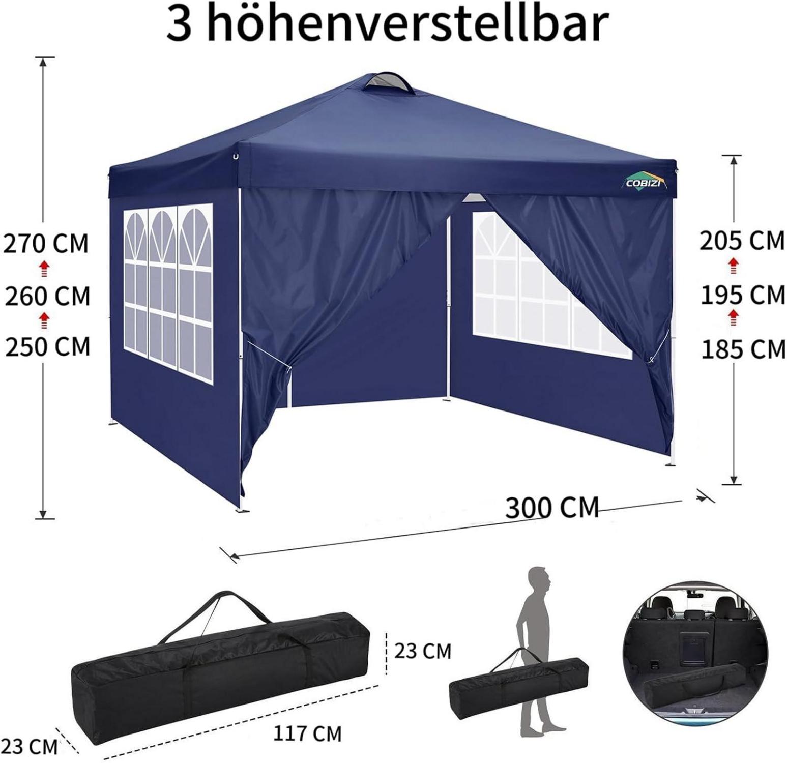 COBIZI 3x3 Pavillon Faltpavillon Wasserdicht Stabil mit 4 Seitenteilen Sandsäcke
