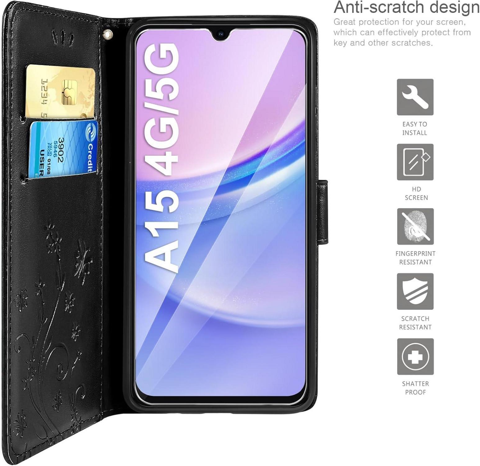 Lederhülle Samsung Galaxy A15 4G/5G Wallet Schutzhülle Schwarz