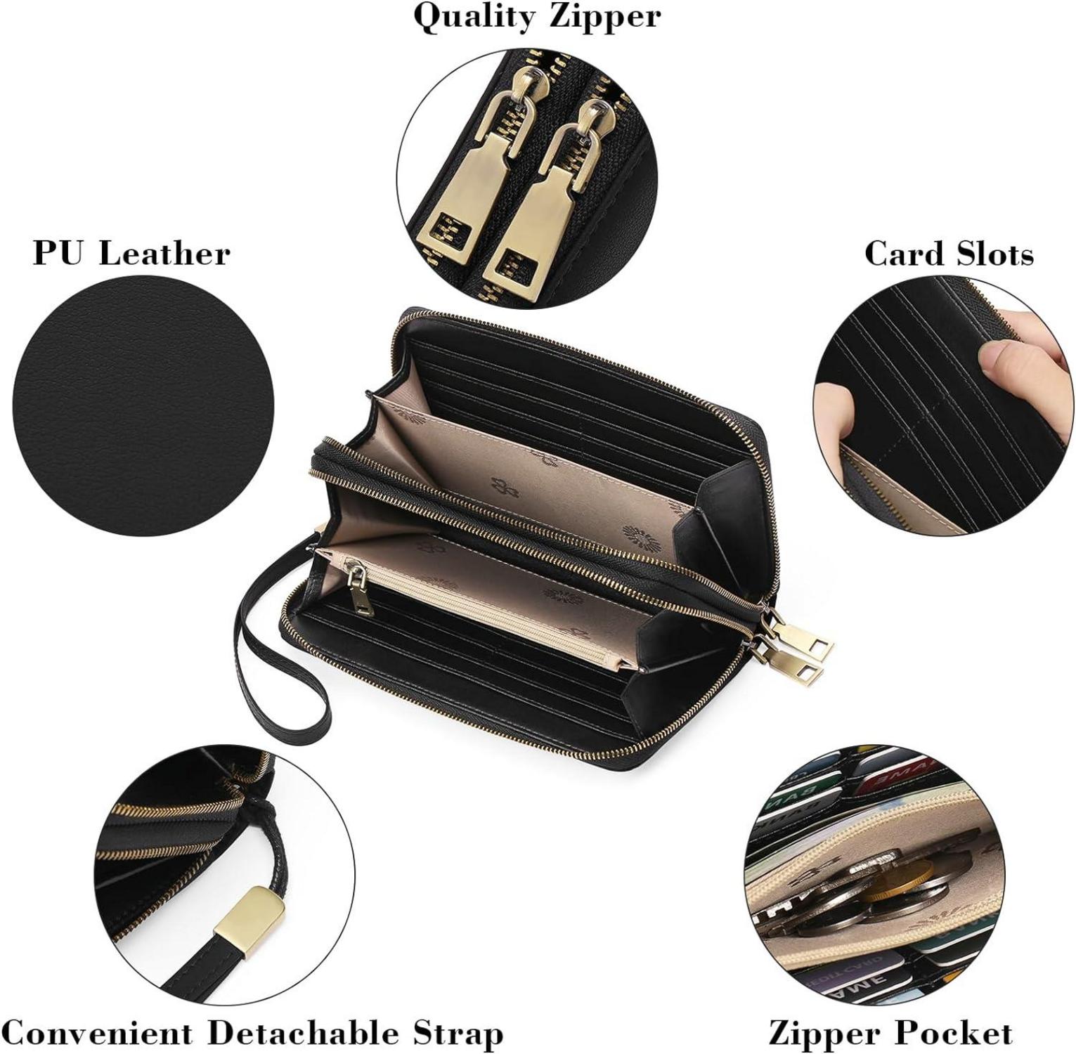Damen Geldbörse Veganes Leder Doppel Reißverschluss RFID Clutch