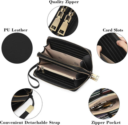 Damen Geldbörse Veganes Leder Doppel Reißverschluss RFID Clutch