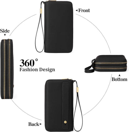 GAEKEAO Geldbörse Damen RFID Clutch Veganes Leder Groß Schwarz
