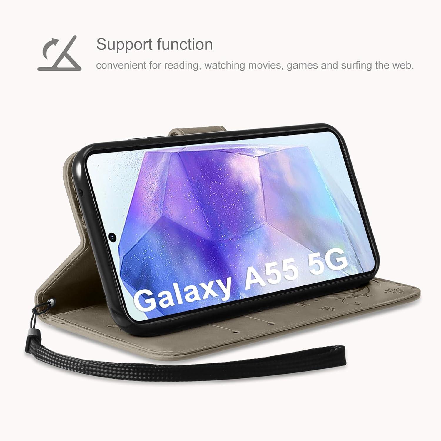 Samsung Galaxy A55 5G Lederhülle mit Schutzhülle und Wallet-Funktion Grey