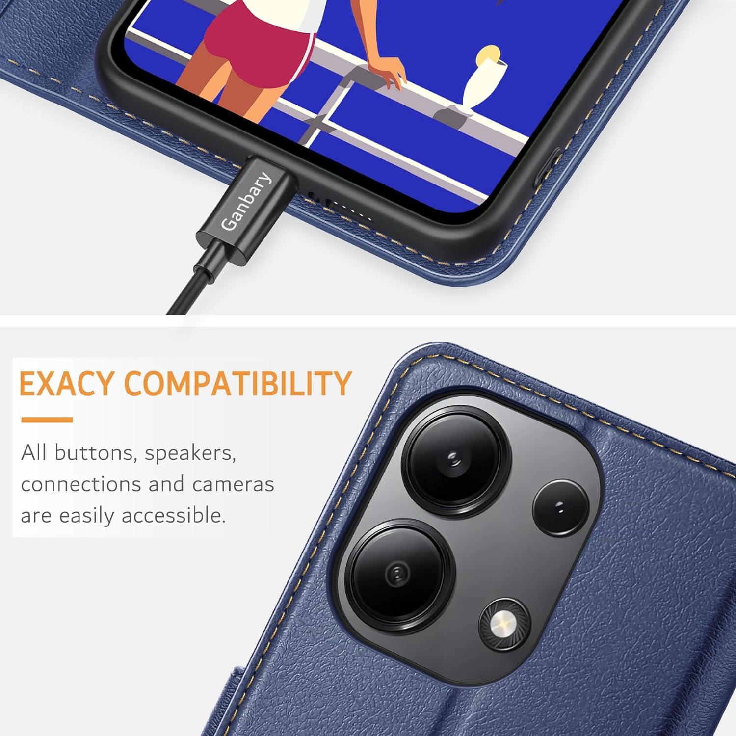 Ganbary Xiaomi Redmi Note 13 4G Handyhülle Blau Leder Klapphülle