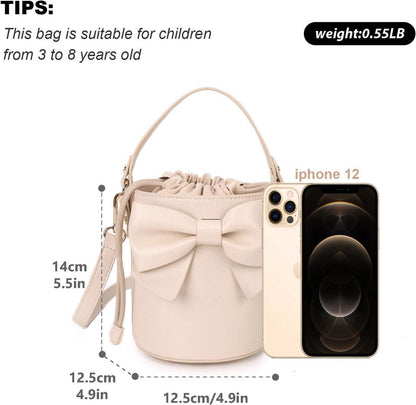 Kleine Umhängetasche für Mädchen mit Bogen Design und Kordelzug Beige