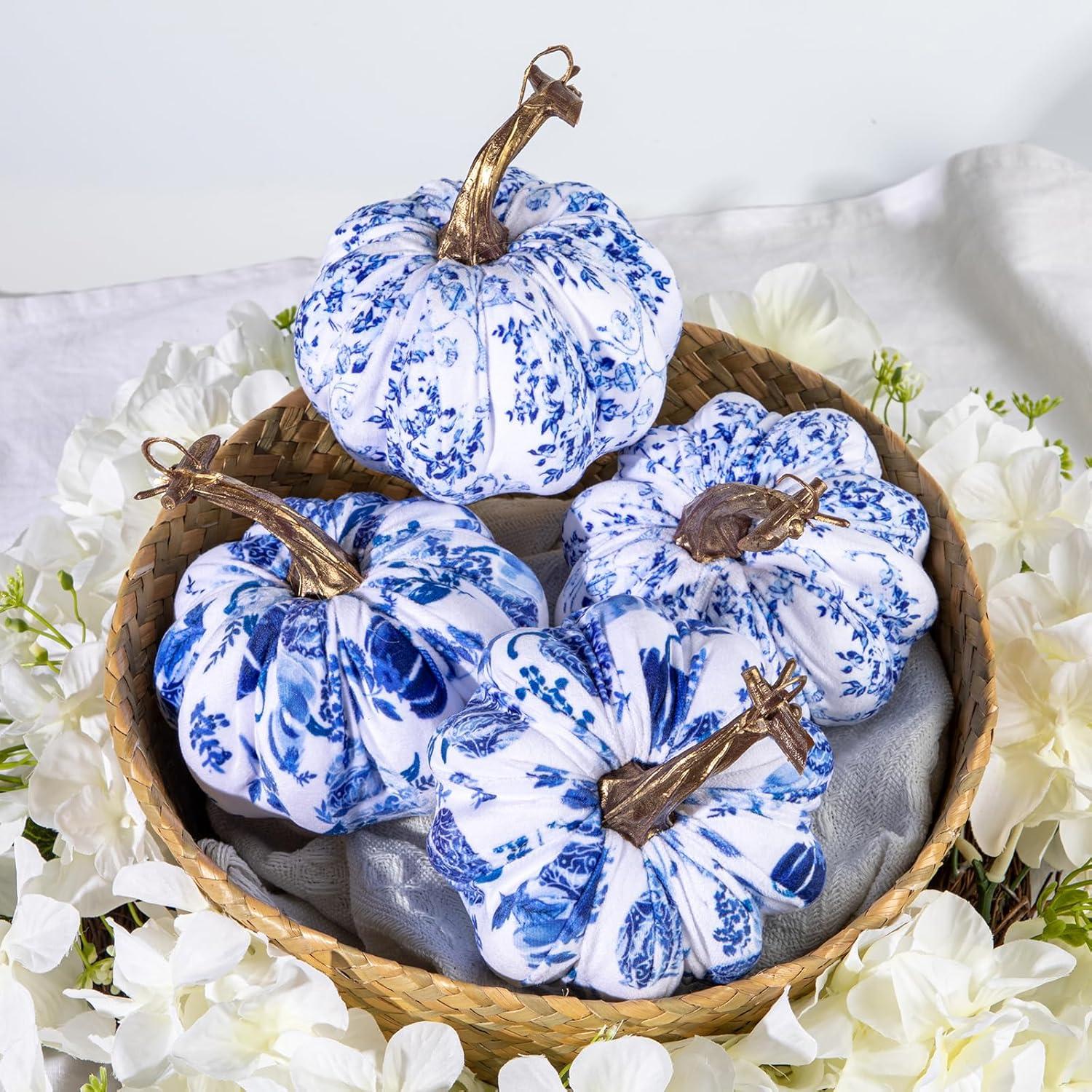 4er Set Künstliche Blaue und Weiße Kürbisse Herbstdeko für