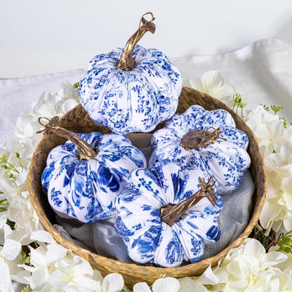 4er Set Künstliche Blaue und Weiße Kürbisse Herbstdeko für